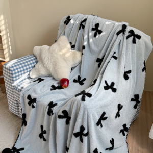 Blue Bow Knit Blanket (Removable Pom-Poms)